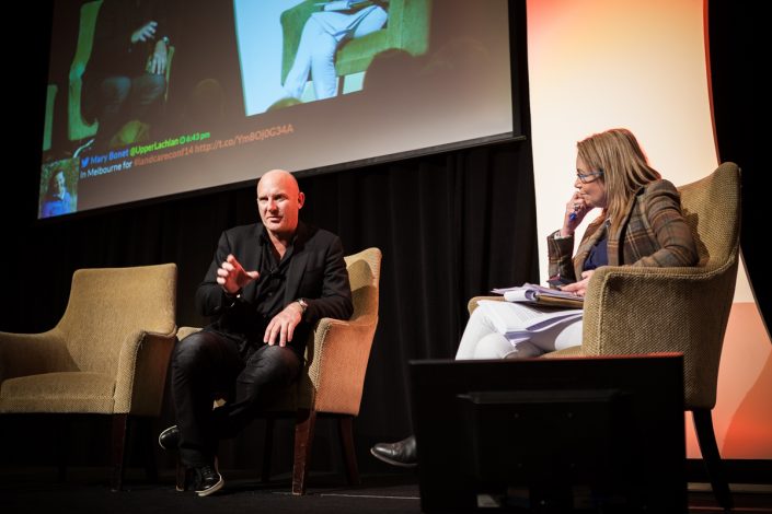 Matt Moran & Pip Courtney on stage talking at National Landcare Conference 2014